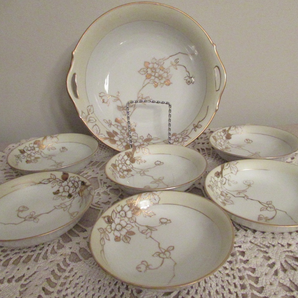Vintage "M" NORITAKE China Nippon Hand Painted Gold bowl & dessert plates